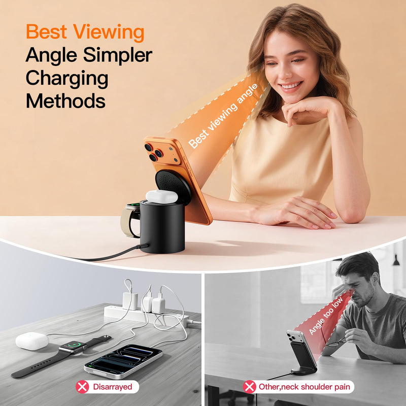 Foldable Magnetic 3 in 1 Wireless Charger Stand for iPhone Watch AirPods | A Must-have for Portable Travel,15W Magnetic Charging Station for iPhone 17 16 15 14 13 12 Series Wireless Charging Station Black