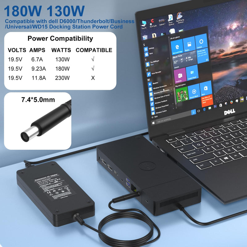 180W Adapter Charger Compatible with Dell Dock D6000 Docking Station | For Dock D6000/6000S Power Cord/Thunderbolt WD19 WD19S WD19TB WD22TB4 WD15 WD25 SD25 TB16 TB15 Docking Station Power Adapter