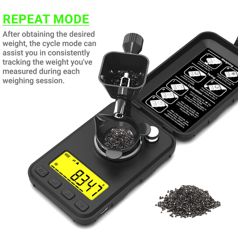 MAXUS Reloading Scale 50g/0.001g with Powder Trickler, Powder Scale with 3 Backlight Colors, Milligram Scale with Repeat Mode Matte Black