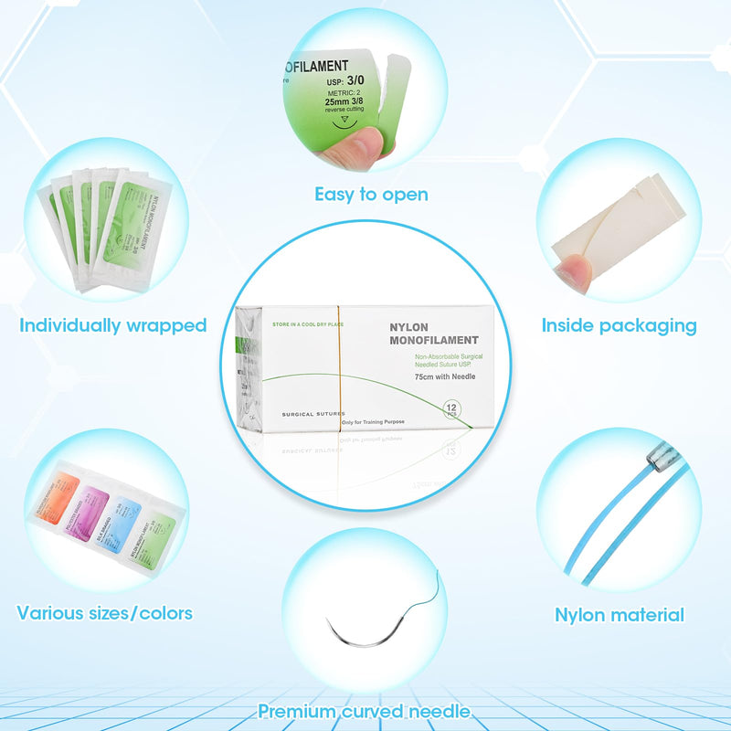 Sutures Practice Thread with Needle - 12Pack 3/0 Suture Kit, Nylon Monofilament Suturing Practicing for Students Training Only Nylon 3/0 12Pcs