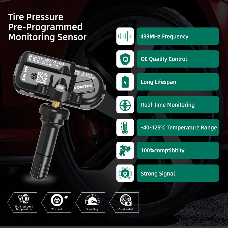 TPMS Sensor Dodge, 4-Pack 434MHz Tire Pressure Monitor Sensors Compatible with Dodge RAM Jeep Cherokee Replace#68249197AA.68239720AA.68157568AA.68239720AB.68239720AC.68324960AA.68239729AA