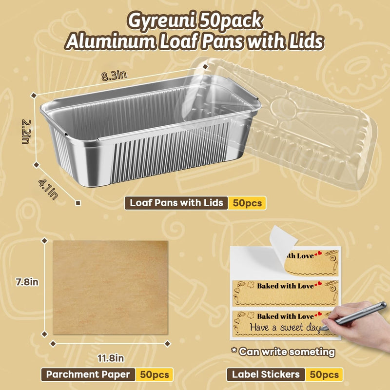 Gyreuni 50 Pack Aluminum Loaf Pans with Lids Stickers and Parchment Paper Sheets,2.4Lb Heavy Duty Aluminum Foil Premium Bread Tins - 8.3" X 4.1" X 2.2" Disposable Baking Pans 8.3*4.1*2.2