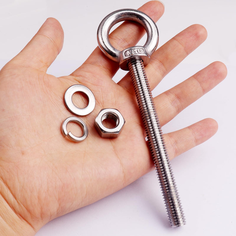 10 Pack M10 x 100mm Threaded Eyebolts with Nuts Washers,Stainless Steel Marine Grade Shoulder Eye Bolt,Eyebolts for DIY, Furniture,Swing, and Outdoor Use (M10 x 100mm)