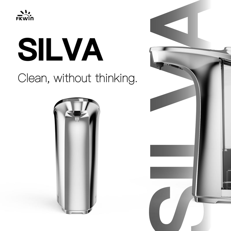 FKWin Automatic Soap Dispenser, Touchless Sensor Hand Soap Dispenser 17oz/500ml, 5 Adjustable Dispensing, Wide Opening Refillable Reservoir, Battery Powered for Bathroom & Kitchen – Silver Transparent