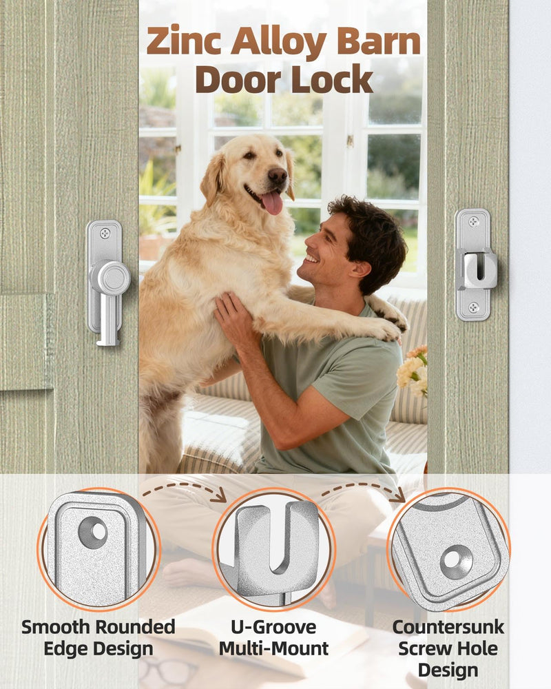 90/180 Degree Flip Barn Door Lock, Heavy Duty Sliding Door Latch Zinc Hardware– Privacy Protection for Barn, Window, Gate, Garden, Bathroom, Cabinet (Silver-2PCS) Silver-2PCS