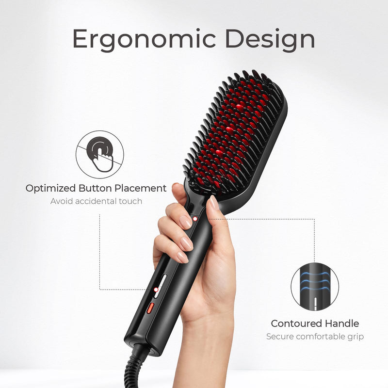 TYMO Ionic Plus Hair Straightener Brush UK, Upgraded Straightening Brush with Dense Bristles for Thick Hair, 16 Temps (80℃~230℃) LED Display, 10 Million ions, Dual Voltage, Hot Comb for Women (Black) Black