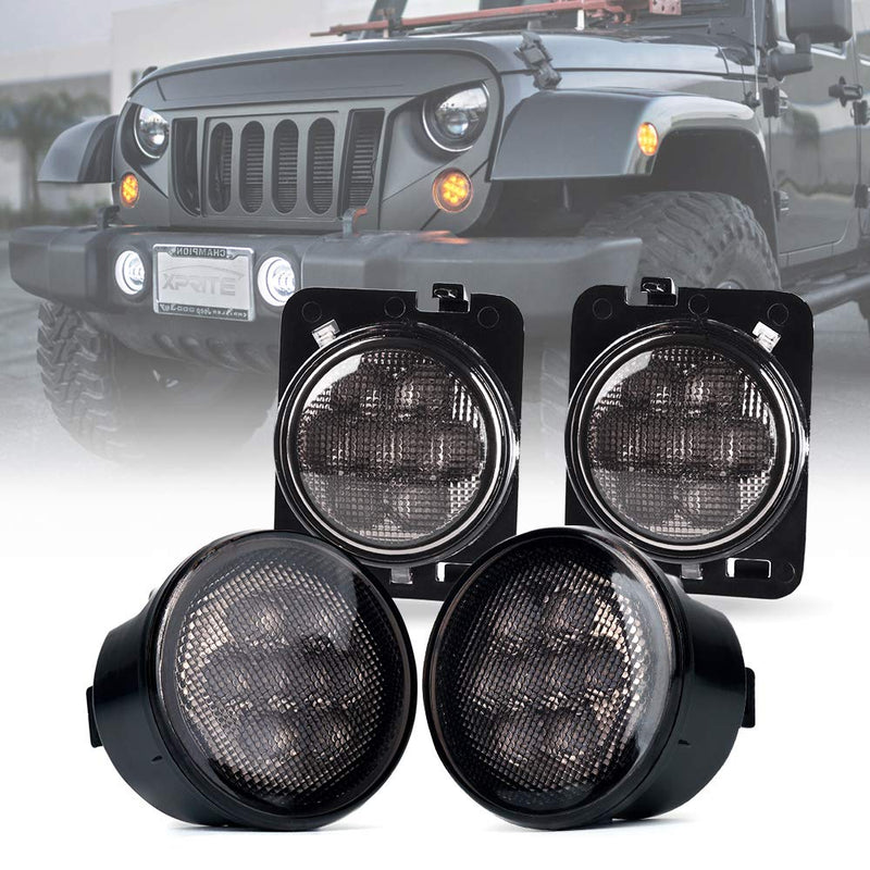 Xprite Smoked Lens Turn Signal Lights & Side Marker Lights Kits, LED Lights Compatible with 2007-2018 Jeep Wrangler JK & Wrangler Unlimited, Amber Smoke Lens