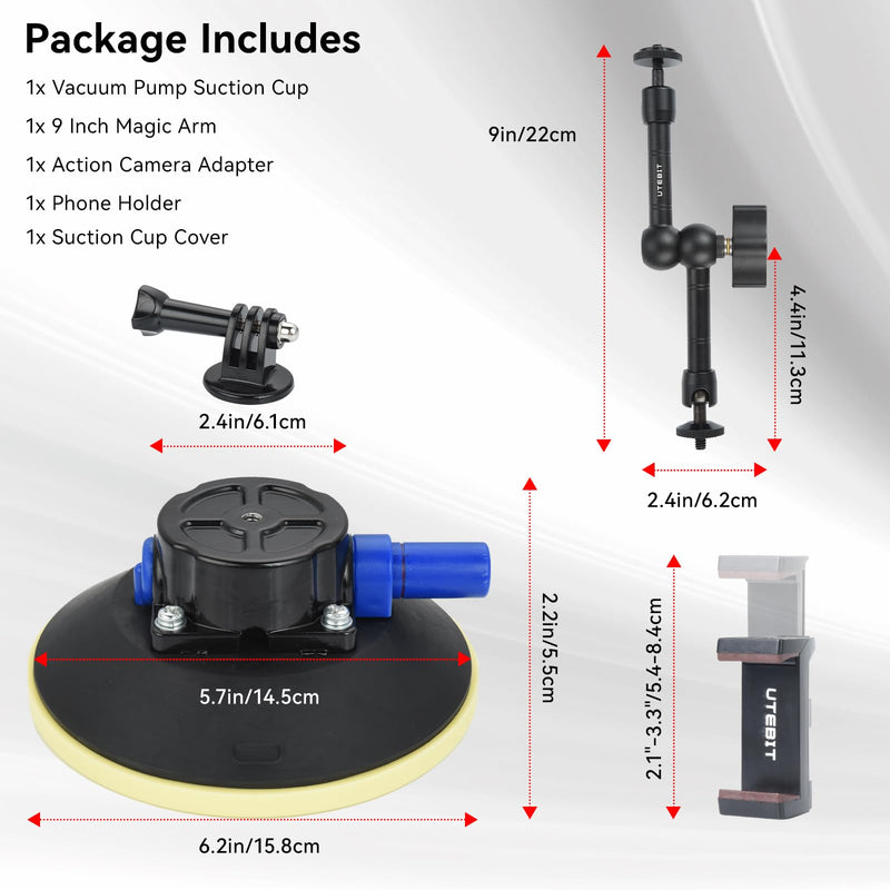 UTEBIT 6"/15.2cm Metal Camera Suction Cup Mount with 9" Magic Arm & Phone Holder for Camera/Action Camera/Phone Holder