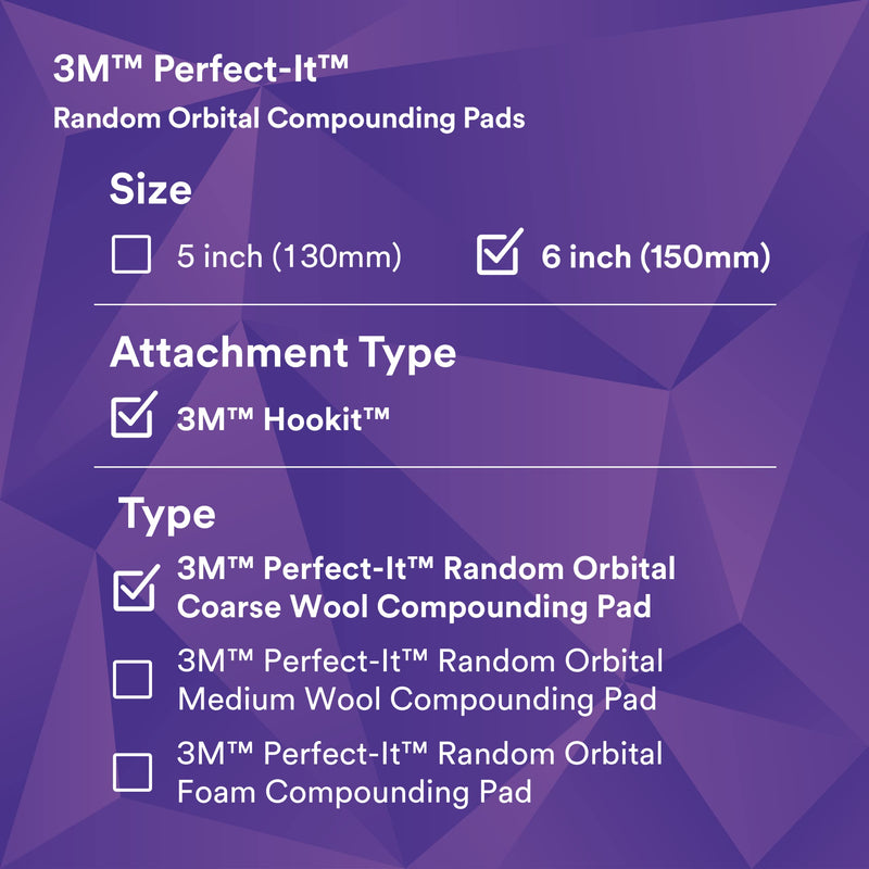 3M Perfect-It Random Orbital Coarse Wool Compounding Pad, 6"/150 mm, White, 34124, Orbital Pads for Automotive Compounding and Polishing 6" 150mm