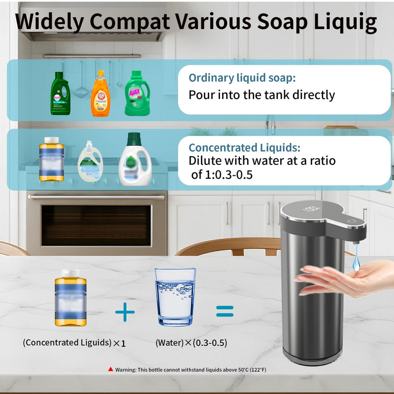 Automatic Liquid Soap Dispenser, 12oz Rechargeable Touchless Hand Soap Dispenser, 4 Levels Adjustable Infrared Sensor Dish Soap Dispenser for Bathroom,Kitchen,Hotel St-01 Liquid Gray