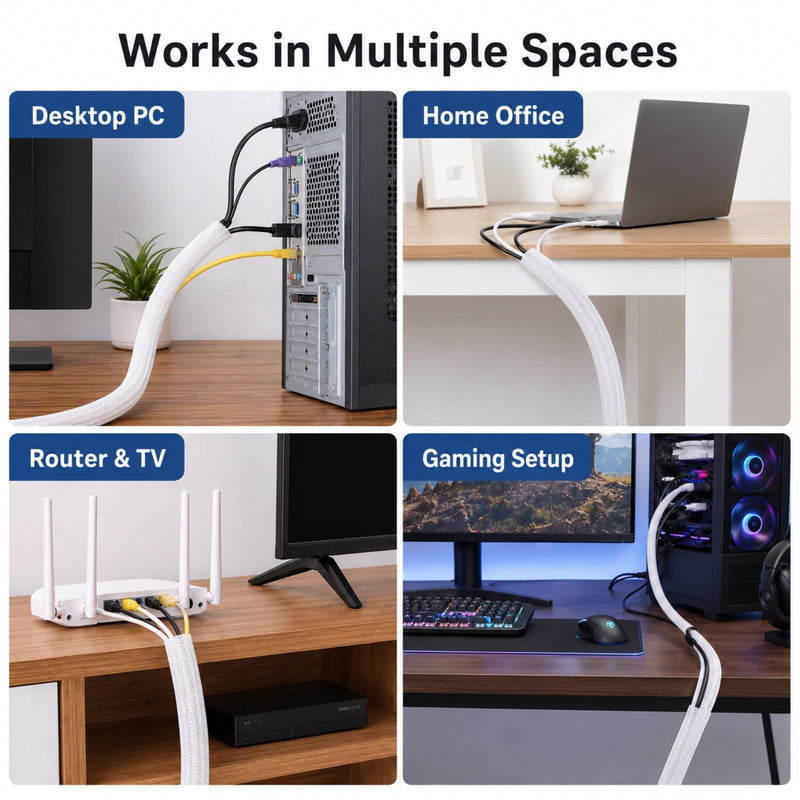 Cable Sleeve, 6.56ft Cable Management, Desk Cord Cover Organizer Wire Hider for Computer TV Wire Loom Tubing, Pet Proof Cord Protector from Cat Dog Chewing (6.56FT,White) White