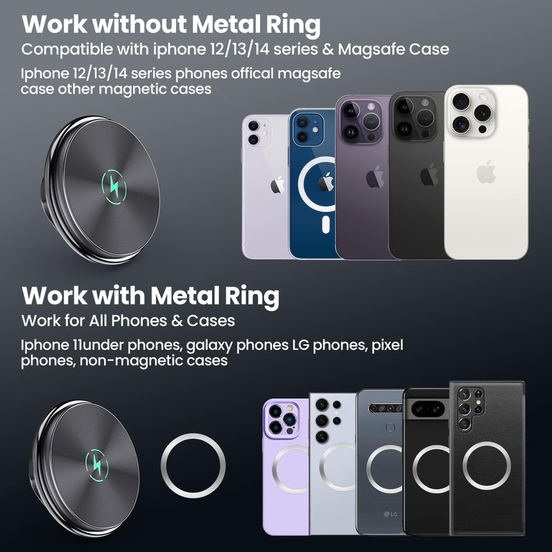 Dash Mount Wireless Charger Magnetic Holder with Metal Double Socket Arm | Fits 2013-2026 Kaishengyuan Metal Base | 20 Magnets | Double Socket Arm | 360 Rotation | 0.98in Ballhead | Magsafe Smartphone
