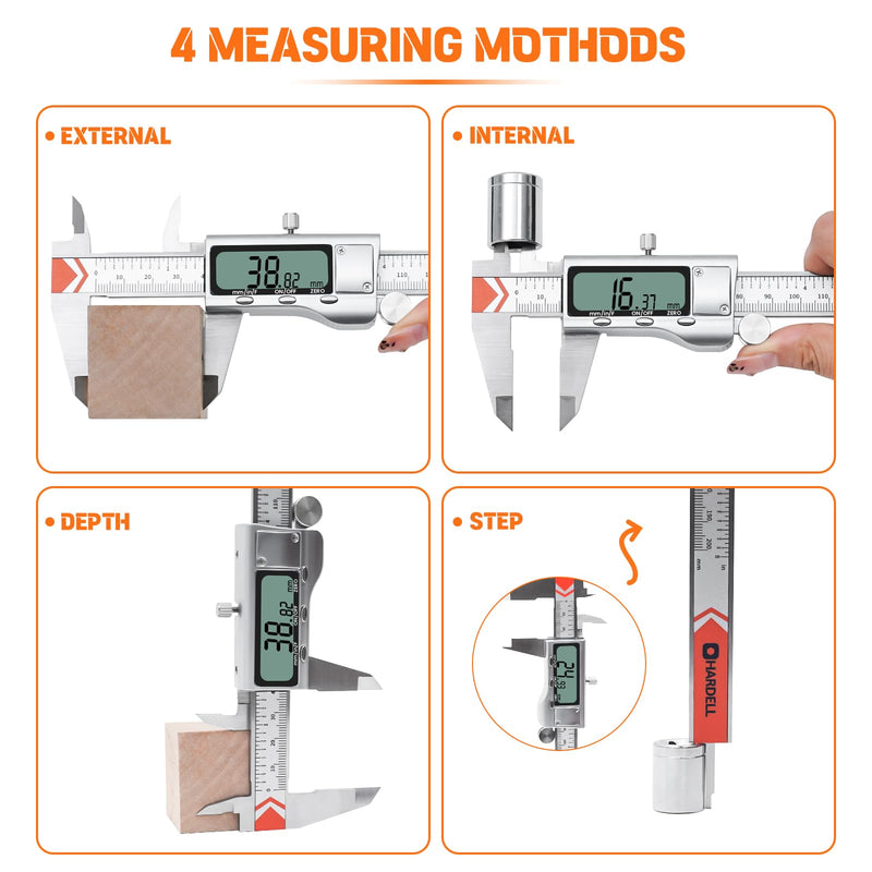 Digital Caliper, HARDELL Caliper Measuring Tool-All Metal Caliper with 2 Batteries, Inch Metric Fraction Large LCD Screen Digital Micrometer, Digital Caliper 8 Inch for Household/DIY