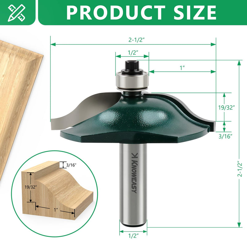 Knoweasy Professional 3-Piece Cabinet Door Router Bit Set with 1/2 Inch Shank, Includes Raised Panel Bits, Ogee Rail and Stile Cutters, Tongue and Groove Router Bits with 1-5/8 Inch Tenon Diameter 1/2 Cabinet