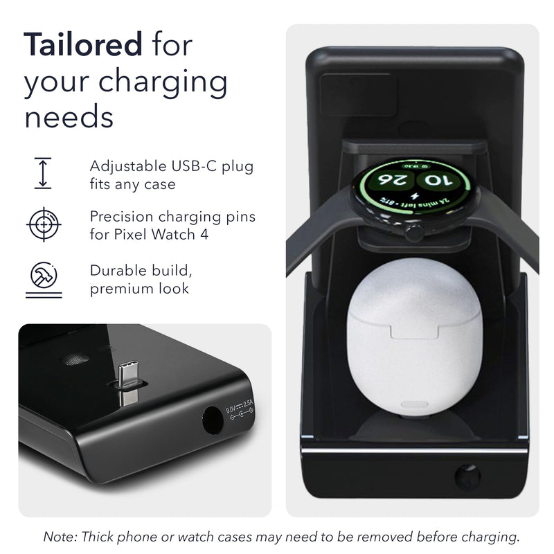 Wasserstein 3-in-1 Wired Charging Station Compatible with Google Pixel, Buds & Watch 4 (41mm & 45mm) - NOT Compatible with Pixel Watch 1, 2 & 3 - Adjustable USB-C Plug - Made for Google