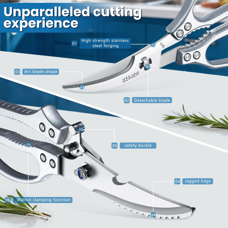 HUUSK Silver Kitchen Scissors Set - Sharp Seafood Scissors & Heavy Duty Poultry Shears for turkey, poultry joints,Crab, Shrimp, Lobster, Nuts - Gift Box White Set of scissors