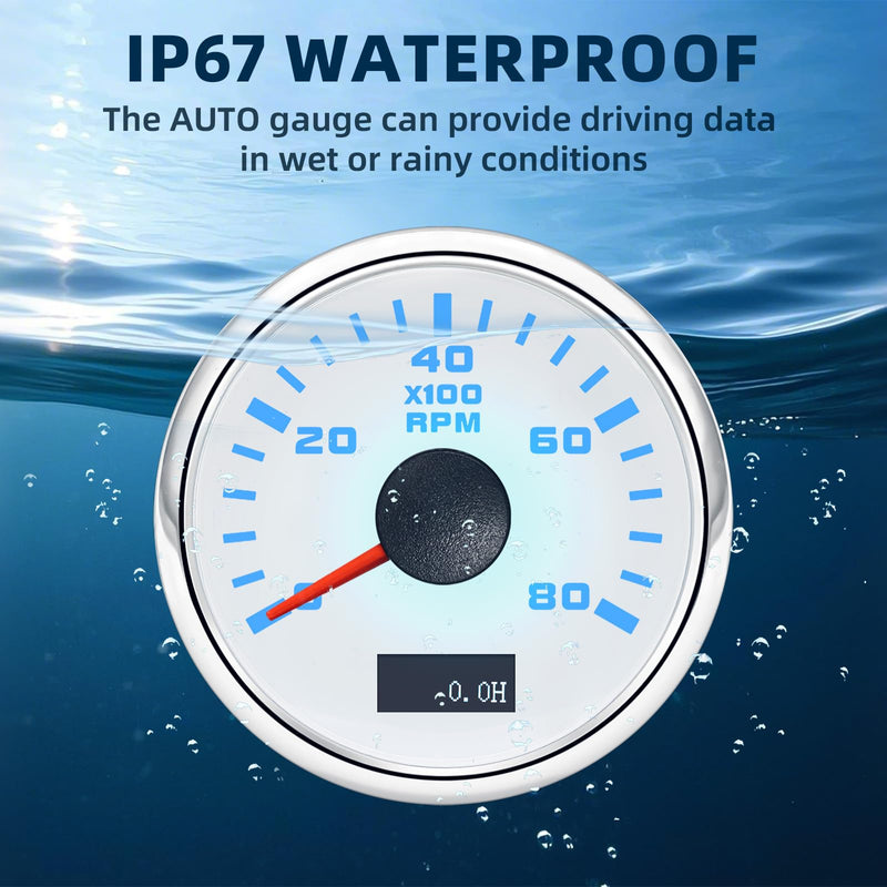 MH Tachometer 2-1/6" 52mm 8000 Tach Boat RPM Gauge 7 Color Waterproof for AUTO Car Truck Marine（White）