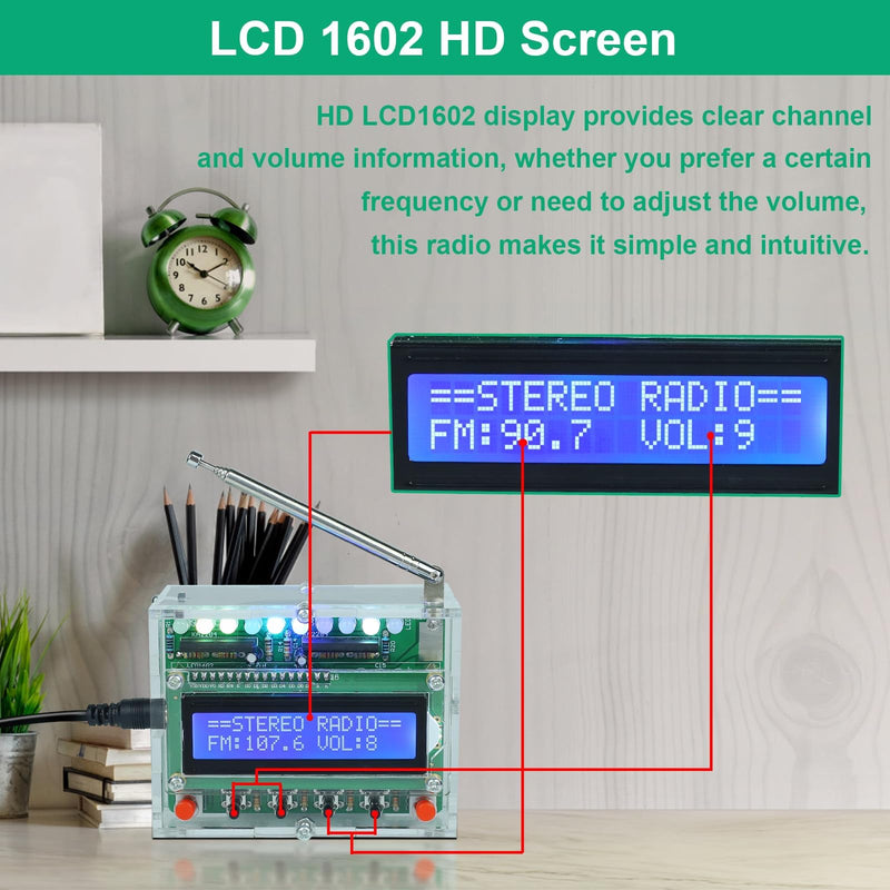 FM Radio Kit, ICSTATION Soldering Projects Radio with LED Flashing Lights DIY Radio Kit LCD1602 Display FM 87-108MHz Soldering Practice Kit for Back to School Solder Education Creative Present