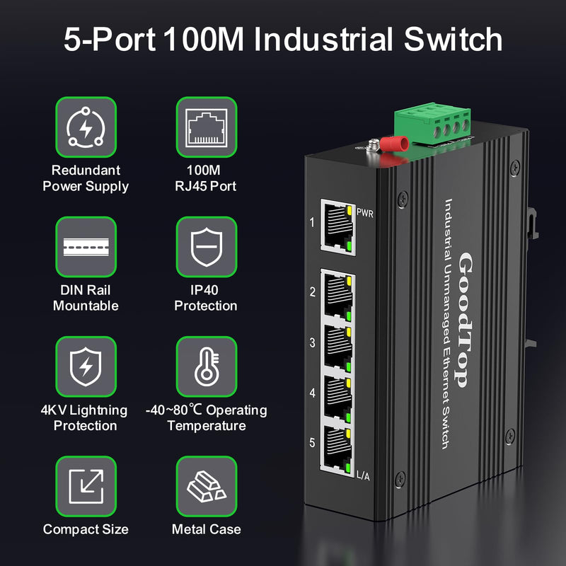 5 Port 100Mb Unmanaged Industrial Switch with DIN Rail 15W Power Supply,10/100Mbps Fast Ethernet,IP40,4KV Lightning Protection,Operating Temperature Range -40° – 80°C DIN Rail Network Switch 5 Port 100M