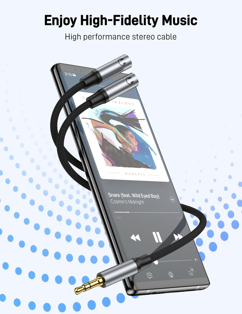 3.5mm Headphone Splitter, Aux Audio Stereo Y Splitter Extension Cable Male to Female Dual Headphone Jack Adapter for Switch 2/PS4/PS5 iPhone iPad, Tablet, Laptop. grey 1 Pack
