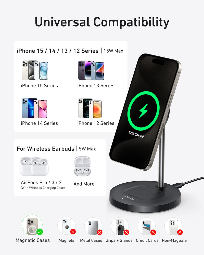 Anker MagSafe Charger Stand Compatible, MagGo 2-in-1 Charging Station, 【Upgraded】 Qi2 Certified 15W Wireless Charger Stand, for iPhone 15/14/13/12, AirPods Pro Black