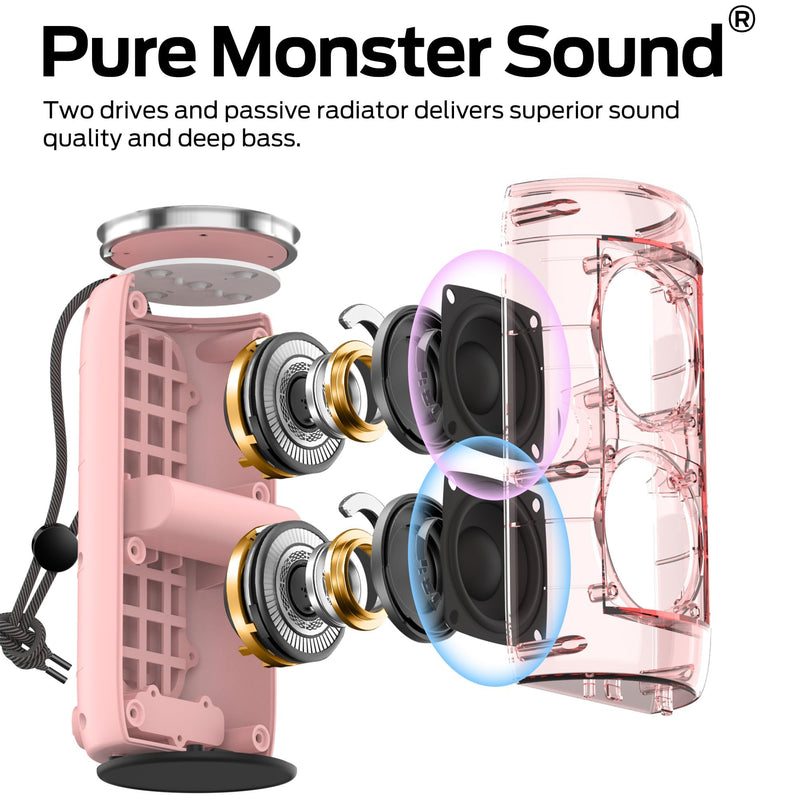 Monster S310 Upgraded Bluetooth Speaker, 30W Portable Speaker, 360° Stereo Sound with Punchy bass, TWS Pairing, IPX6 Waterproof, Bluetooth 5.2, 24H Playtime, Perfect for Home, Outdoor, Beach, Pink
