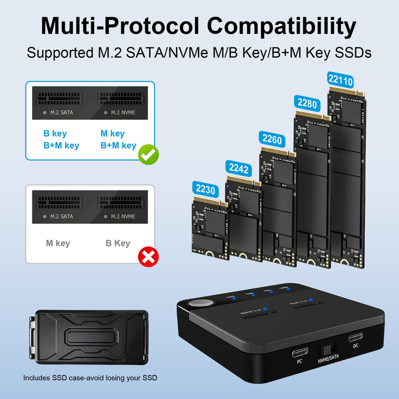 20Gbps M.2 Cloner & Duplicator, Dual Bay NVMe SATA SSD Enclosure | Tool-Free with Storage Box,Cross-Protocol Offline Clone,NVMe B+M/M-Key PCIe M2 Reader Support, M.2 Docking Station up to 16TB NNME SATA SSD Duplicator
