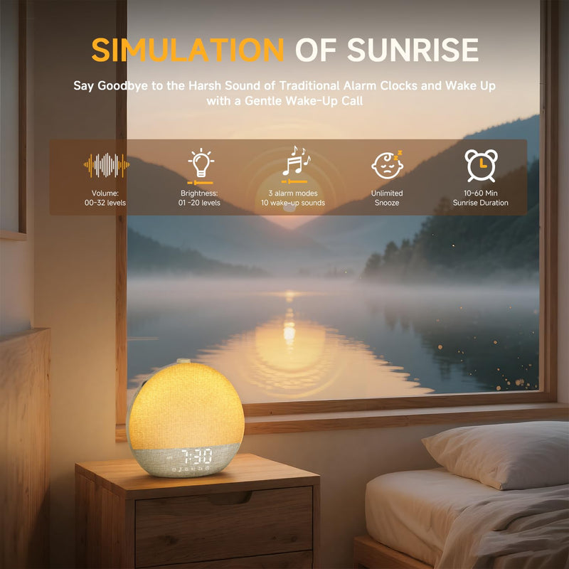 Sunrise Alarm Clock White Noise Sound Machine for Bedroom | Natural Wake-Up Light with 30 Soothing Sleep Aids, Bluetooth Speaker, Dimmable Clock, Screen-Free Design for Baby Adults Kids-Khaki Khaki
