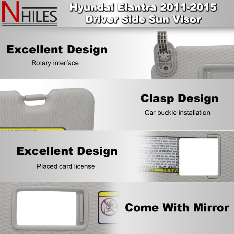 NHILES Left Driver Side Sun Visor Replacement Compatible with Hyundai Elantra 2011 2012 2013 2014 2015 Replace# 852103X000TX Colour Gray Gray(Left Driver)