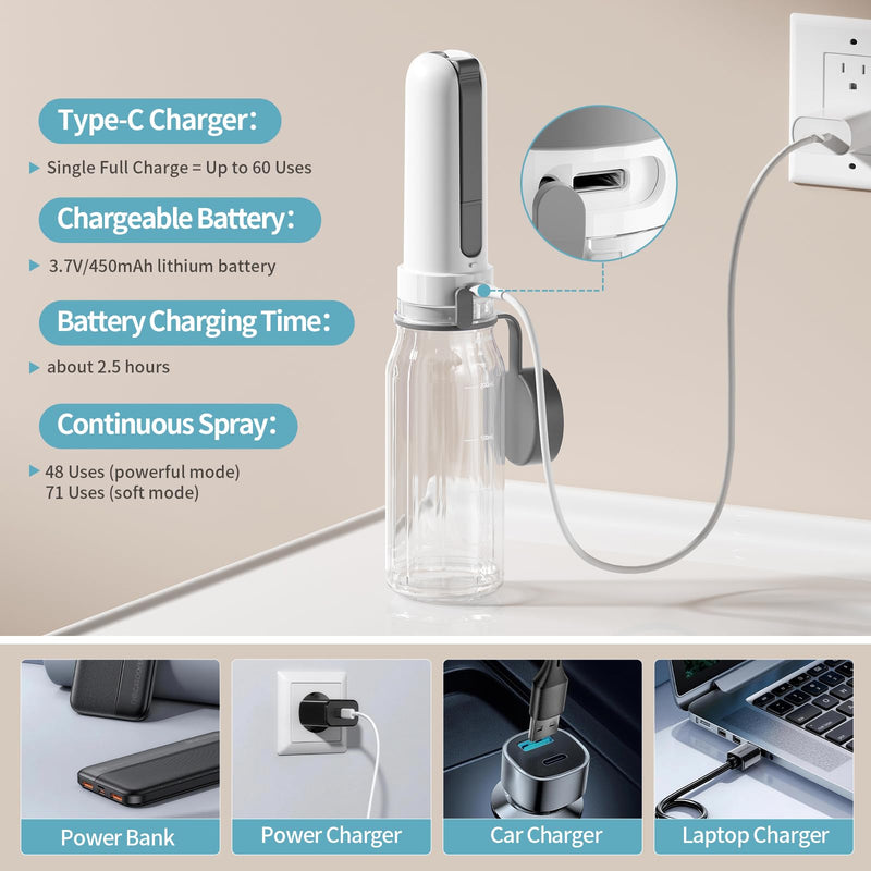Portable Bidet for Travel with 260ML Bottle, Rechargeable Electric Bidet Bottle for Women Men Baby Cleaning, Waterproof High Pressure Sprayer for Personal Hygiene (White & Gray) White & Gray