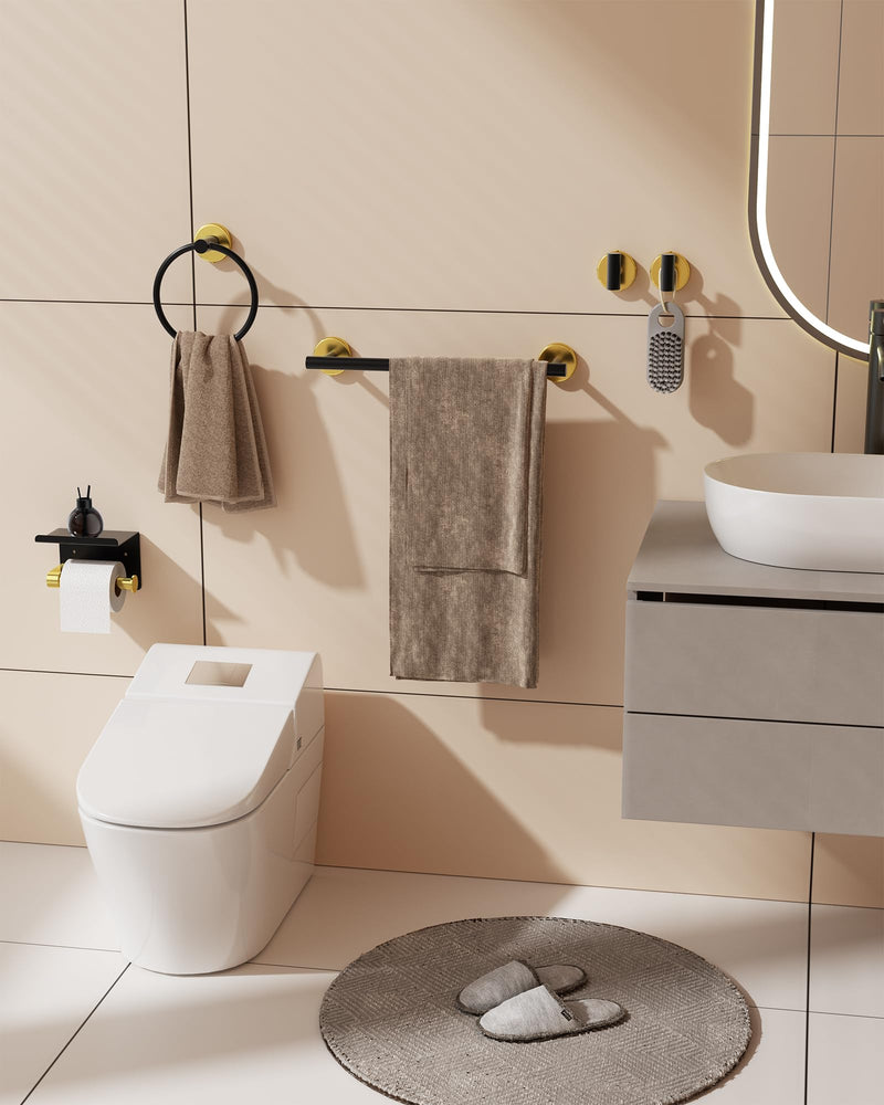 Bathroom Hardware Set 10 Pieces,Towel Bar Set Bathroom Accessories with 16'' Towel Bar Towel Ring Toilet Paper Holder and Towel Hooks Black Gold