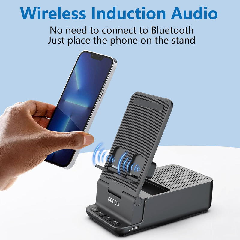 DONOW Wireless Induction Bluetooth Speaker with Cell Phone Stand, HD Surround Stereo Sound Foldable Phone Holder Perfect for Tablet iPhone Android, Gifts for Men Women (Black) Black