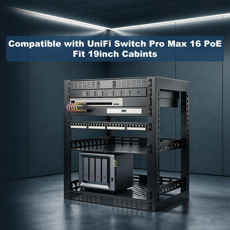 19 Inch 1U Metal Rack Mount for UniFi Switch Pro Max 16 PoE, Black Powder-Coated Steel Server Rack Shelf 1U Secure Network Switch Mount with Enhanced Airflow