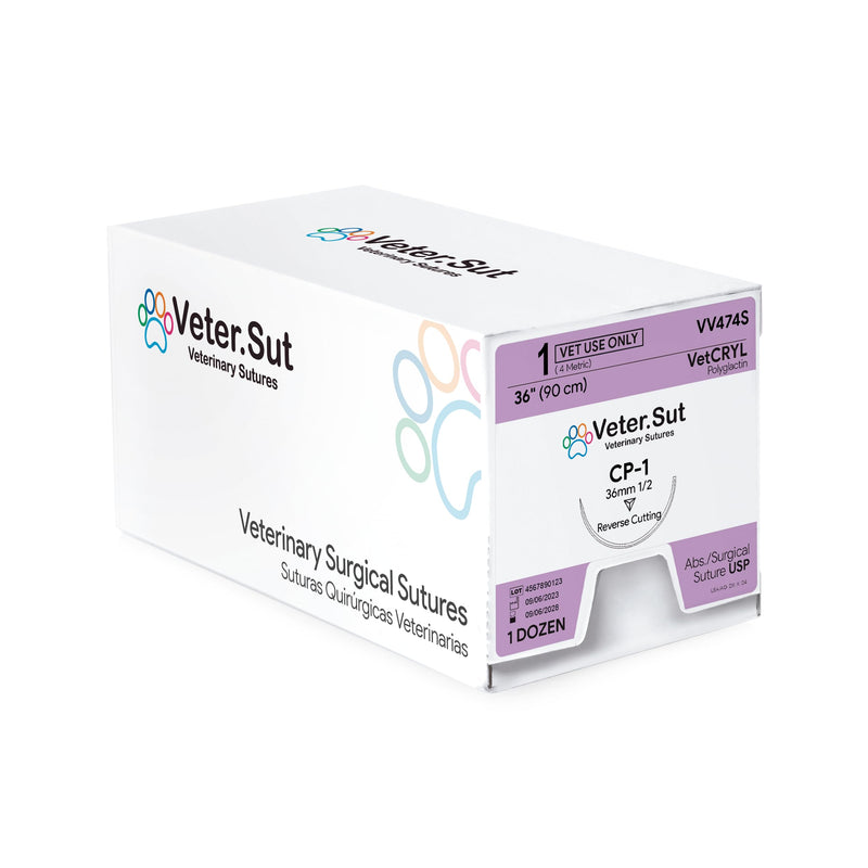 VeterSut VetCRYL Absorbable Polyglactin Surgical Suture USP Size 1, (CP-1) 1/2 36mm Reverse Cutting Needle, 36 Inches (90 cm), 12 Count, Veterinary Use Only
