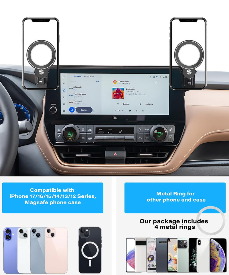 Car Phone Holder for Toyota Grand Highlander/ Hybrid 2024-2026 Accessories | 12.3" Screen Clip-On MagSafe Strong Magnetic Cell Phone Mount, Dual Slots for Driver & Passenger,360° Rotatable Hands-Free for 2024-2026 Grand Highlander (12.3" Screen)