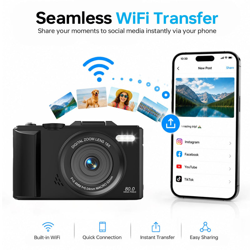 5K Digital Camera, 80MP 18X Autofocus Video 3.0" IPS LCD Flip Screen Vlog Camera for YouTube, 32GB SD Card USB 2.0 Detachable Rechargeable Li Battery Anti-Shake Compact Camera for Party Beginner Black
