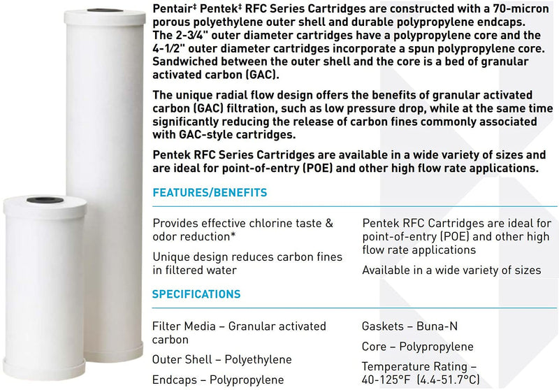 Pentair Pentek RFC-BB Big Blue Carbon Water Filter, 10-Inch, Whole House Heavy Duty Radial Flow Carbon Replacement Cartridge with Granular Activated Carbon (GAC) Filter, 10" x 4.5", 25 Micron Pack of 1 10" x 4.5"