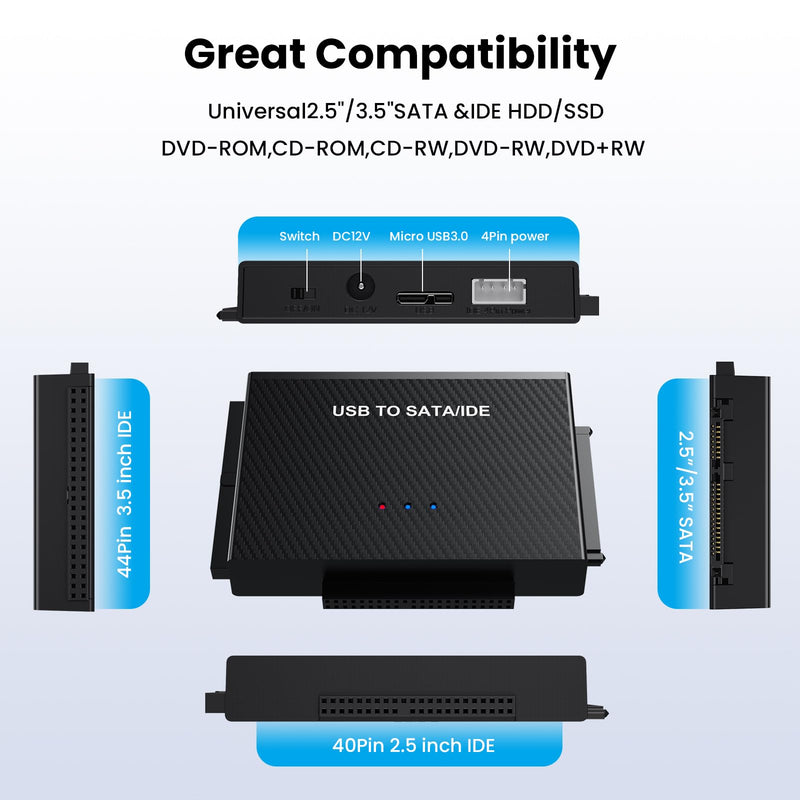 Hard Drive Reader USB 3.0 to SATA IDE Adapter，IDE SATA to USB + Type C External Hard Drive Adapter Data Recovery Converter Kit for Universal 2.5 3.5 HDD SSD Hard Drive Disk, with 12V/2A Power Adapter