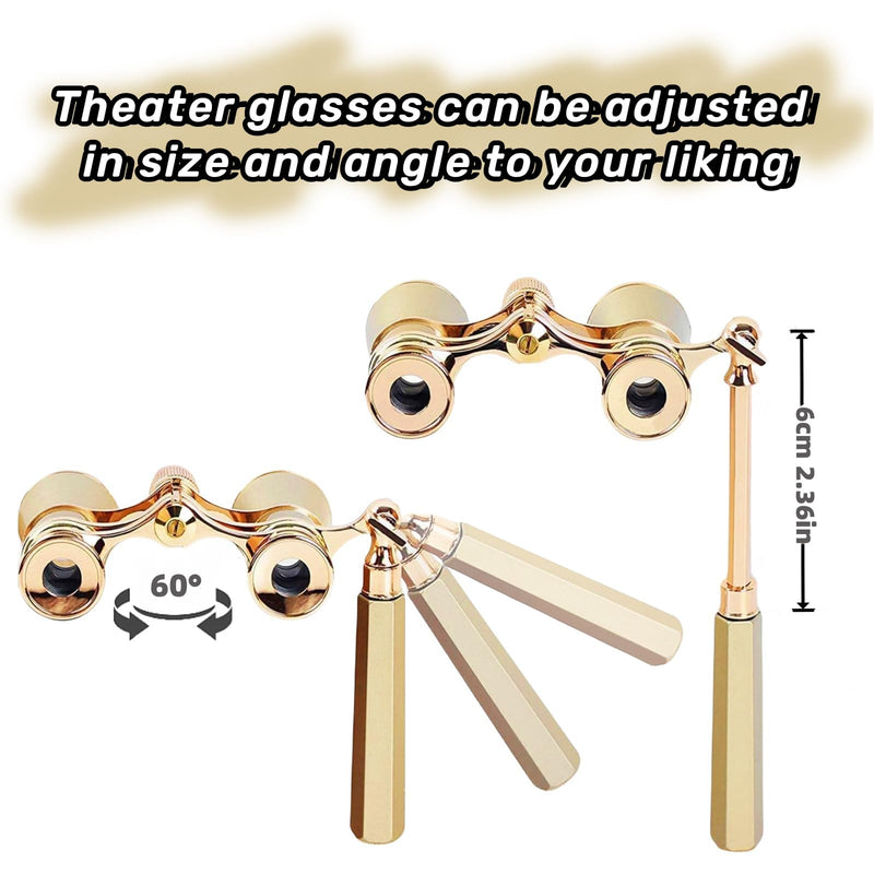 Opera Glasses Binoculars, Theatre Binoculars, 3X25, Metal Material, Vintage and Refined, with Adjustable Handle for Adults Kids Women in Musical Concert Cinema. opera glasses gold