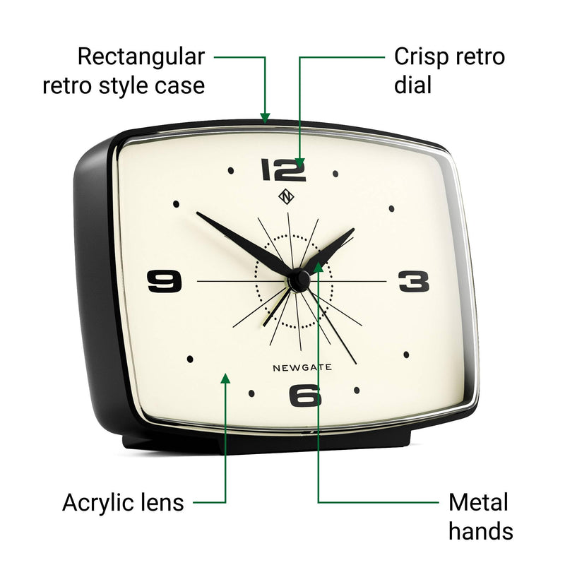 NEWGATE Brooklyn Retro Alarm Clock - Rectangular Matt Black Silent Sweep Clock - Bedside Accessory - 10.6 x 14 x 5.4cm / 4.1 x 5.5 x 2.1in