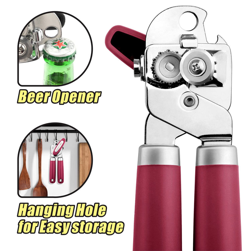 Can Opener, No-Trouble-Lid-Lift Manual Handle Can Opener With Magnet and Beer Opener, Red