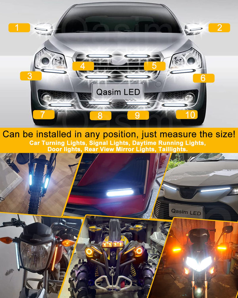 Qasim DRL LED Strip Car Daytime Running Light 9.25in White Automobile Decorative Lights Yellow Streamer Flow Turn Signal Light Tail Light Strip Bar 12V (2Pcs, 23.5cm) 23.5CM 9.25'' WA