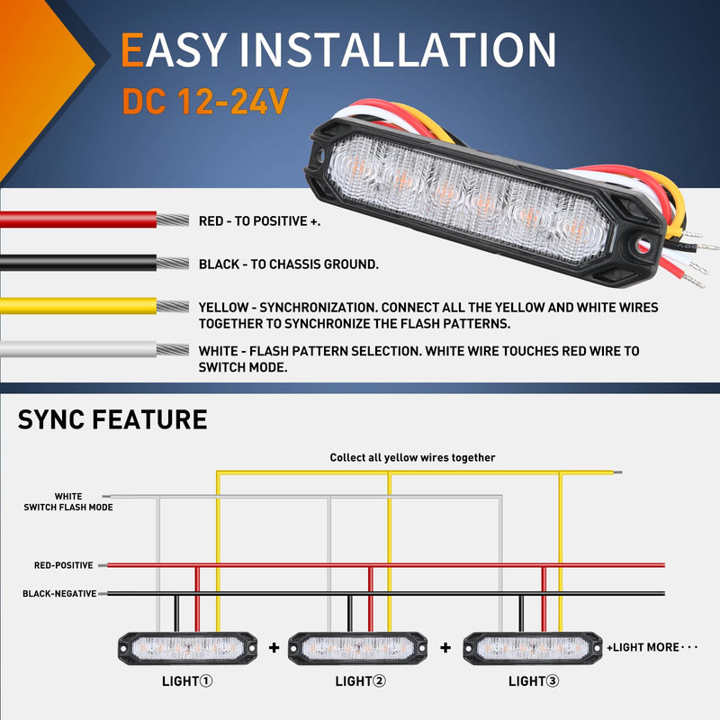 Nilight 4PCS 6LED Amber Emergency Strobe lights 12V 24V Surface Mount Flashing Warning Hazard Light Ultra Slim Sync Feature Grille for Cars Trucks Van Off Road Vehicles SUV