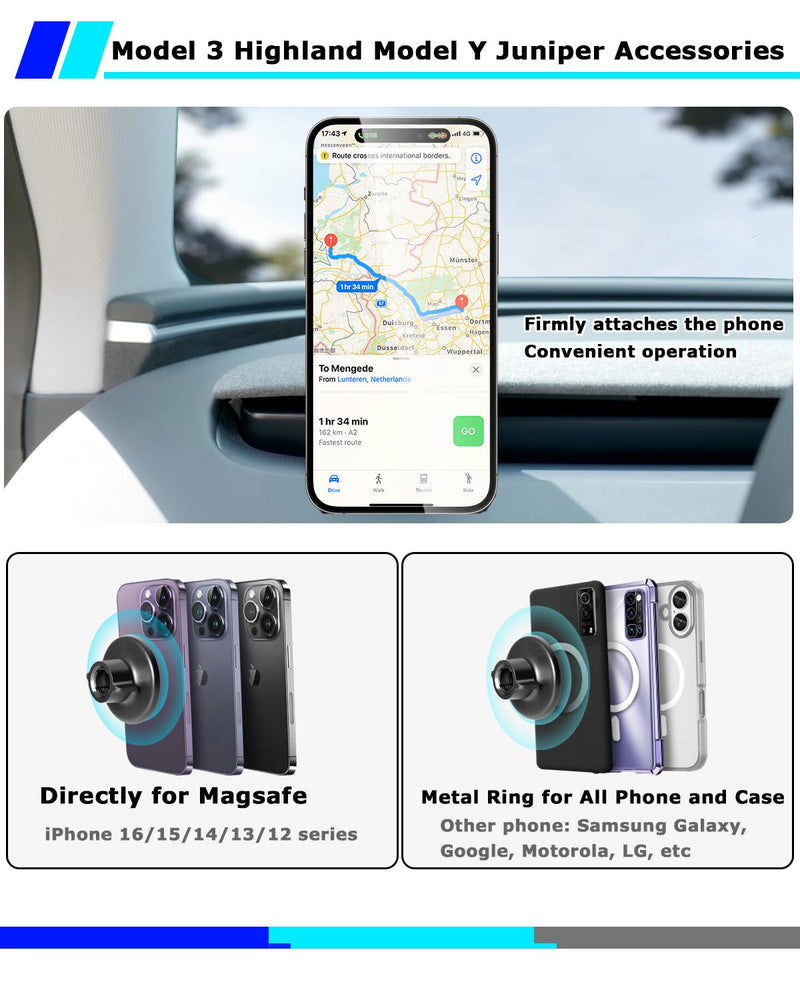 Phone Mount for Tesla Model 3 Highland Model Y Juniper 2026, Magnetic Phone Holder for Tesla Model 3 Model Y Accessories 2025, Easy Installation for MagSafe, Compatible with iPhone 17 16 15 14 13 12 2026 Model Y, 2025-2024 Model 3