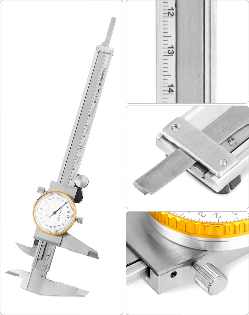 QWORK Dial Calipers, 0-15cm Caliper Measuring Tool, 0.02mm Graduation Interval, Shockproof Measuring Micrometer Vernier Caliper