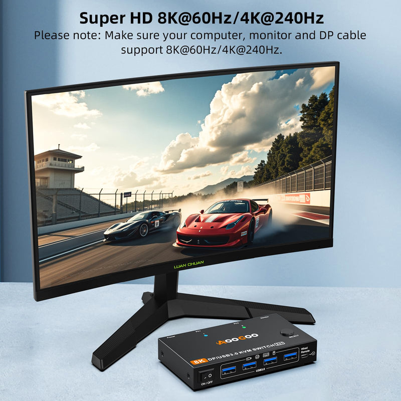 DP KVM Switch 1 Monitors 2 Computers, 8K@60Hz/4K@240Hz KVM Switch for 2 PC Sharing 1 Monitors, Keyboard, Mouse, with USB3.0 Cables, Wired Controller and Power Adapter 8K 2 PC 1 Monitor DP KVM