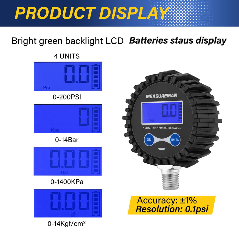 MEASUREMAN 2-1/2" Dial Size Digital Air Pressure Gauge with 1/4'' NPT Bottom Connector and Protective Boot, 0-250psi, Accuracy 1%, Battery Powered with LED Light (Pack of 2) Long thread (Pack of 2)