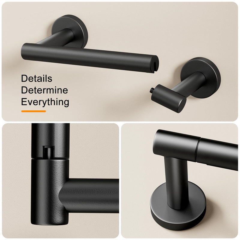 Pokim Matte Black Bathroom Hardware Set - SUS304 Stainless Steel Toilet Paper Holder,Towel Ring and 2 Robe Hooks,Rustproof,Wall Mounted 4 Piece Bathroom Accessories,Easy Installation for Bathroom