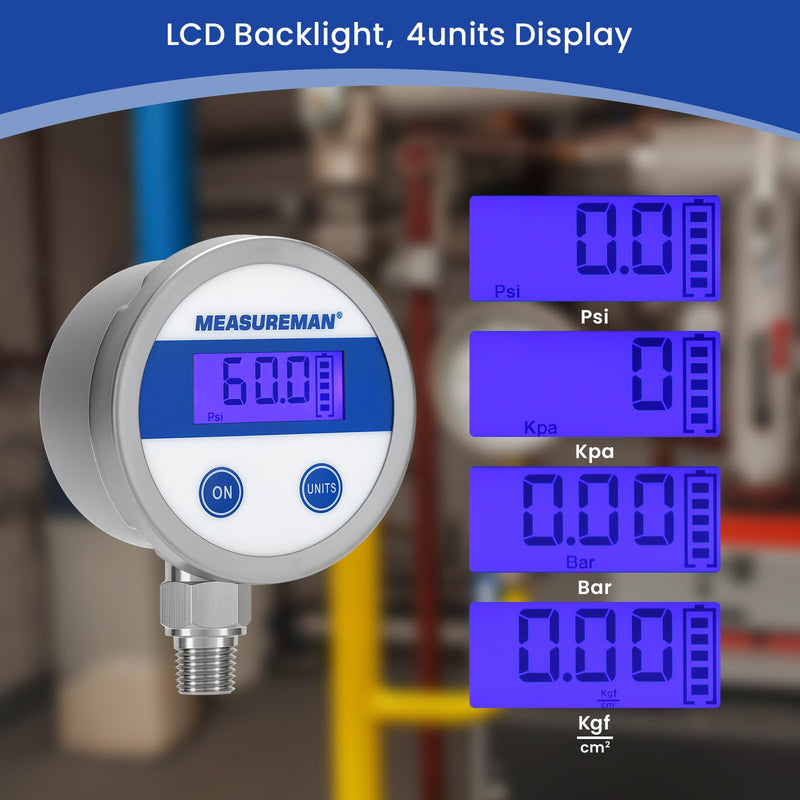 MEASUREMAN Economy Digital Pressure Gauge 2.5" Blue Backlit LCD, 0-60 PSI All Stainless Steel Case 1/4" NPT Connection 1% Accuracy 0-60psi