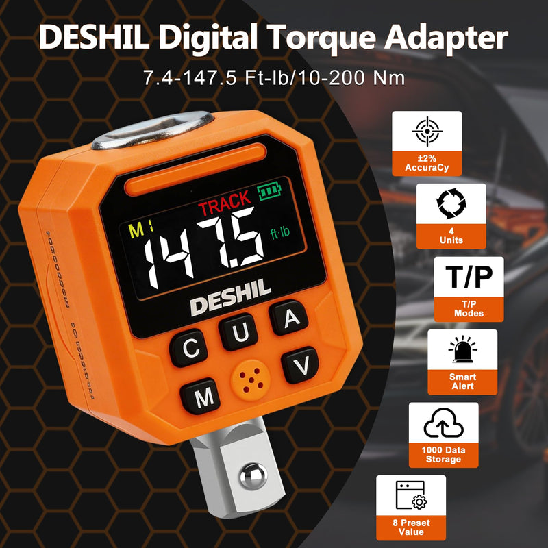 DESHIL 1/2" Digital Torque Adapter Set, 7.4-147.5 Ft.lb/10-200 N.m Digital Torque Wrench Adapter with Buzzer & LED Alert, 1000 Data Storage, 8 Preset Values for Automotive Car Motorcycle Repair 7.4-147.5 Ft-lb/10-200 Nm